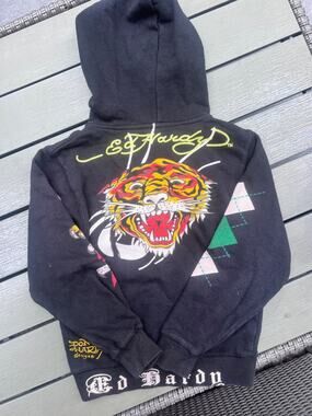 Ed Hardy Kids Tiger Zip Hoodie Black Graphic Y2K Size 6 - Early 2000's